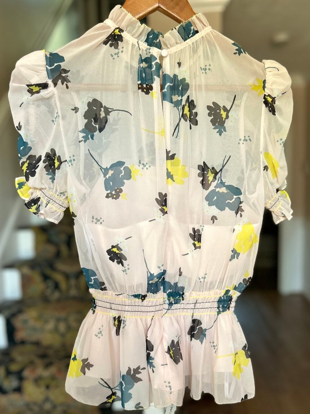 Self-Portrait Chiffon Split Front & Back Peplum Light Apricot Floral Blouse Sz 2 - Picture 4 of 13